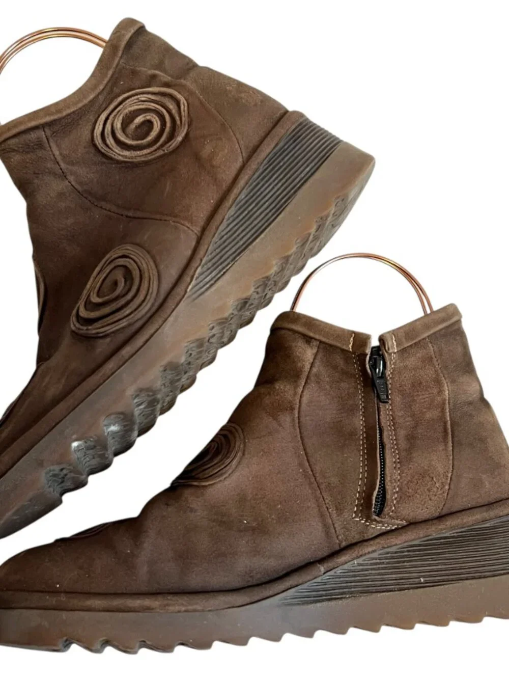 Fly London boots brown suede swirl design zip up booties 40 9 9.5 wedge